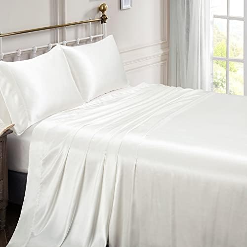 Vonty Satin Split King Ivory White Sheets, 2 Fitted + Flat + 2