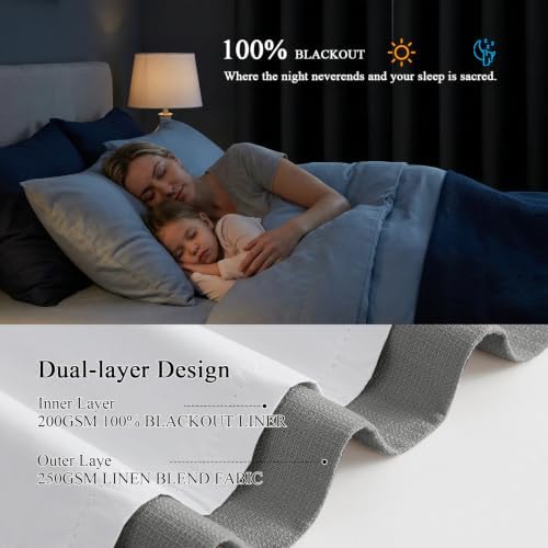 Dark Grey Linen Pinch Pleat 84 Inch Black out Curtains 2 Layer Drapes