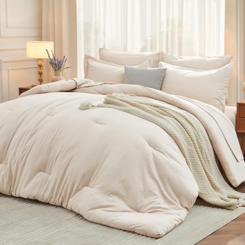 MUXHOMO Full Comforter Set 7 Pieces, Soft Bed in a Bag, Beige