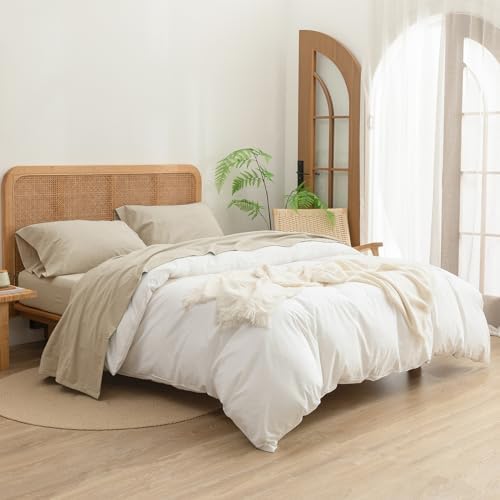 BESTOUCH 100% Washed Cotton Linen Feel Sheet Set, Almond Milk Grey