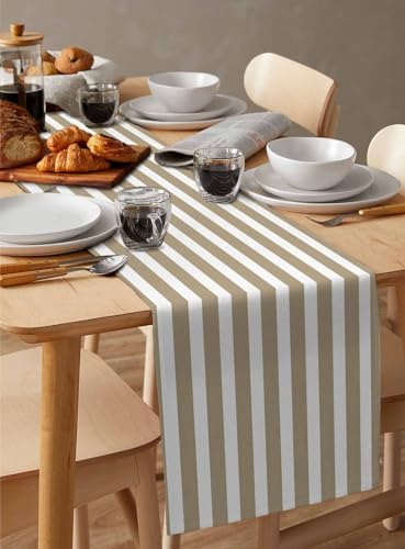 Beige Striped Cotton Linen Rectangle Table Runners 13"x108", Modern