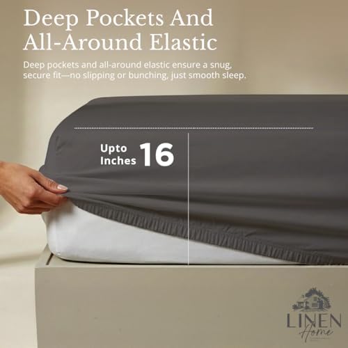 Linen Home 100% Cotton Percale Sheets King Size, Smoky Charcoal, Deep