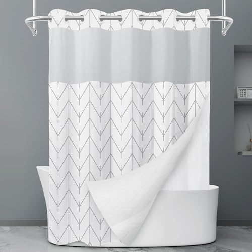 LXBNI Herringbone Ringless Shower Curtain with Liner, Grey White 71 x