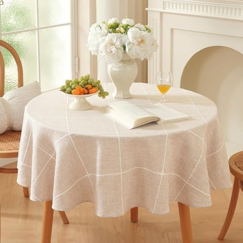 Zobesta Linen Table Cloth Round 70 Inch Plaid Browm Round Tablecloth