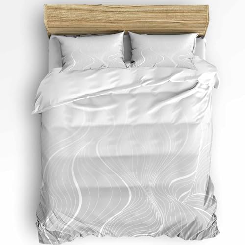 Duvet Cover Set Queen, Gray Ripple White Geometric Stripes 3 Piece