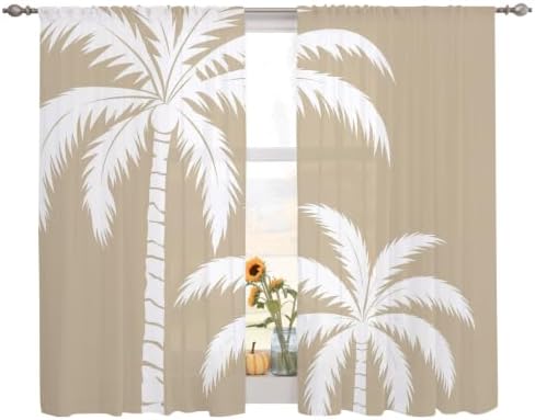Brown Palm Tree Sheer Curtains 72 Inches Long, Coastal Tropical Summer