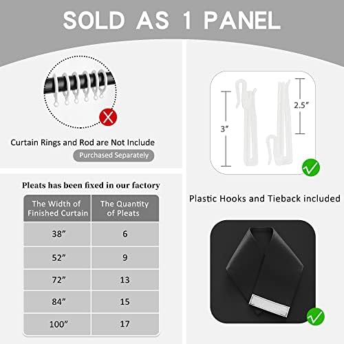 Black Blackout Pinch Pleat Curtain with Hooks Tieback for Bedroom