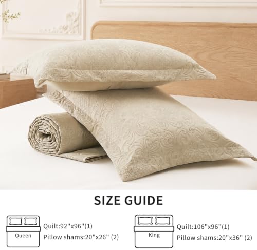 King Size Quilt Bedspread Beige 3-Piece Bedding Set for Bedroom Guest