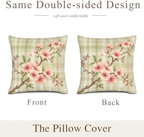 InkRain Cherry Pillow Cover Green Plaid Fine Branch Spray 22x22 Inch