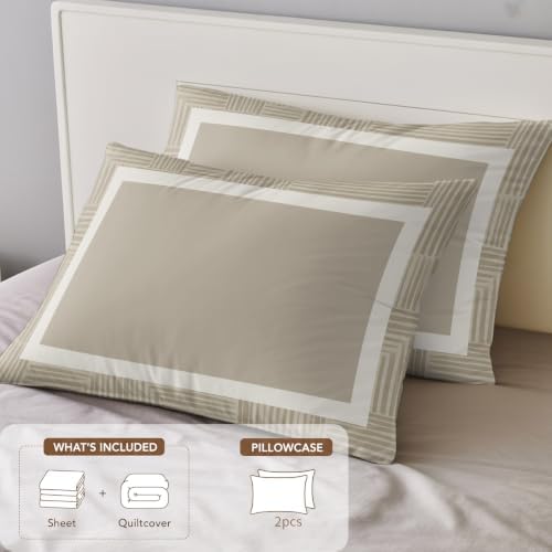 White Frame Twin Size 4 Piece Duvet Cover Set, Minimalist Sand Border