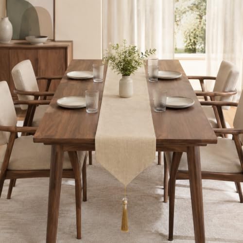 Beige Faux Linen Table Runner Waterproof Elegant Modern Table Decor