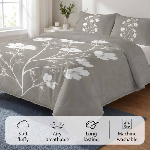Gray Floral Blossom Duvet Cover Set 3 Pieces with Zipper Closure