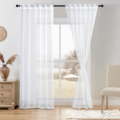 DWCN White Faux Linen Sheer Curtains, 2 Panels, 52x84 Inch