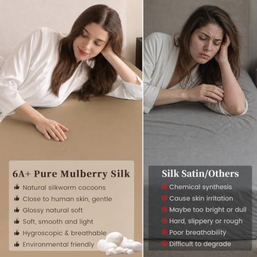 THXSILK 100% 6A+Mulberry Silk Deep-Pocket Fitted Sheet Taupe Cal. King