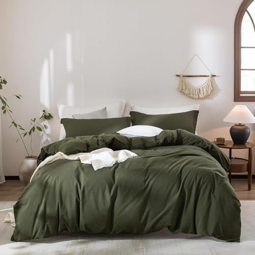 3Pcs Olive Green Cal King Duvet Cover Set Washed Cotton
