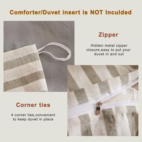 Grey Striped Duvet Cover Set 3 Pieces - King Size Soft Washed Cotton
