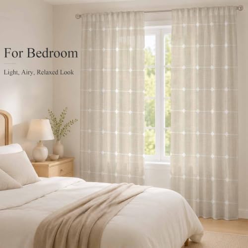 Minimalist Sheer Curtains 108 Inch Long 2 Panels Grid Lines Linen