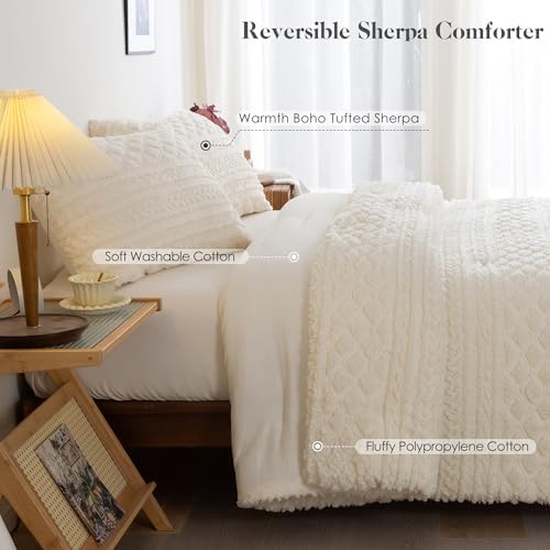 COTTEBED Sherpa Fluffy Comforter Sets KING Size Bed, Boho Tufted Cal