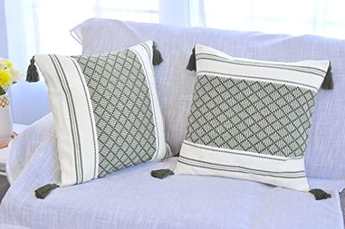 20x20 Geometric Checkered Pattern Pillow Covers Boho Olive Green Set