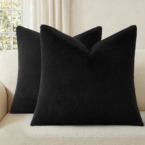 Pallene Faux Fur Decorative Throw Pillow Covers 18x18 Set of 2, Black