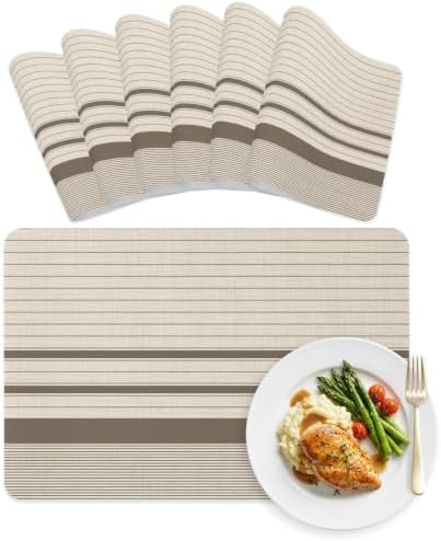 Placemats Set of 6, Minimalist Taupe Beige Striped Faux Leather