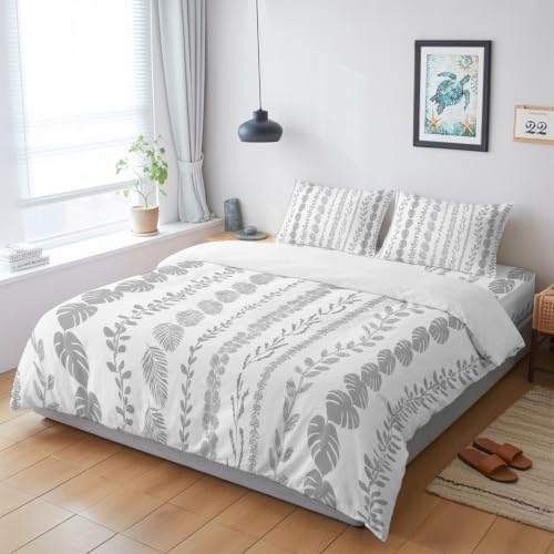 Grey Leaf Striped King 4 Piece Duvet Cover Set, Summer Botanical