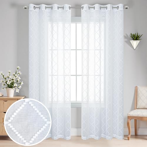 KOUFALL White Sheer Curtains 96 Inches Long 2 Panel Set, Jacquard Lace