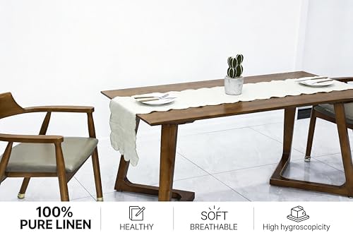 100% Natural Linen Rustic Scalloped Embroidery Table Runner 144 Inches