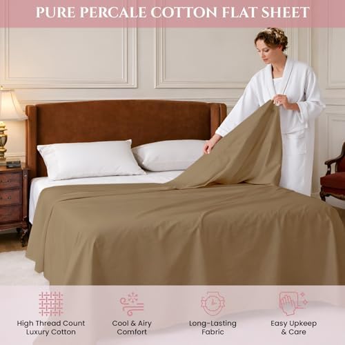 King Flat Sheet Only, 100% Percale Cotton Sheets, Taupe