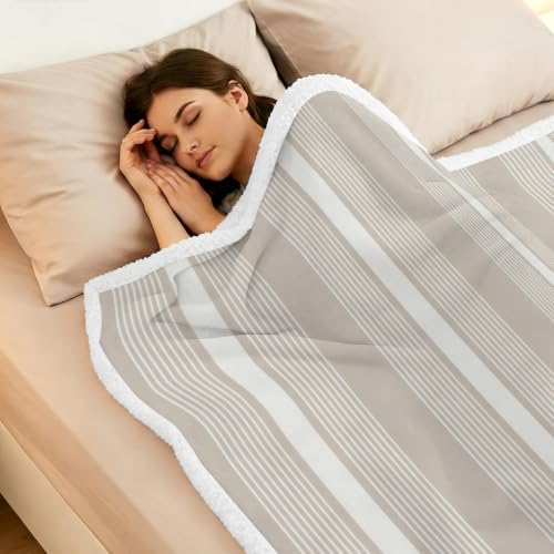 Fleece Sherpa Bed Blankets, Gray Brown Striped Microfiber Plush