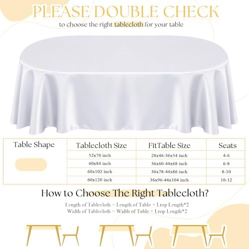 Entisn Oval Satin Tablecloth White 60x120 Inch, Lock-Stitched Edge