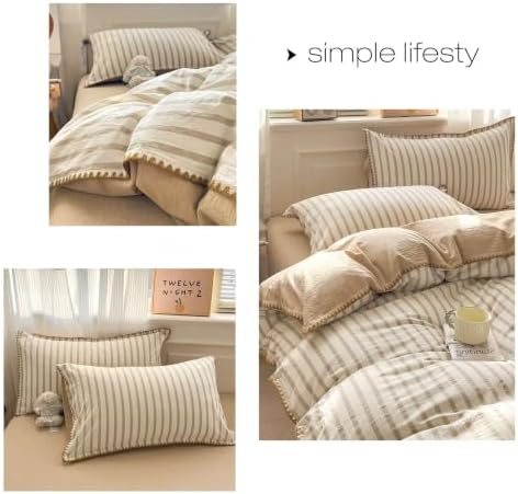 Light Khaki White Striped Duvet Cover Twin XL Farmhouse Cotton Bedding