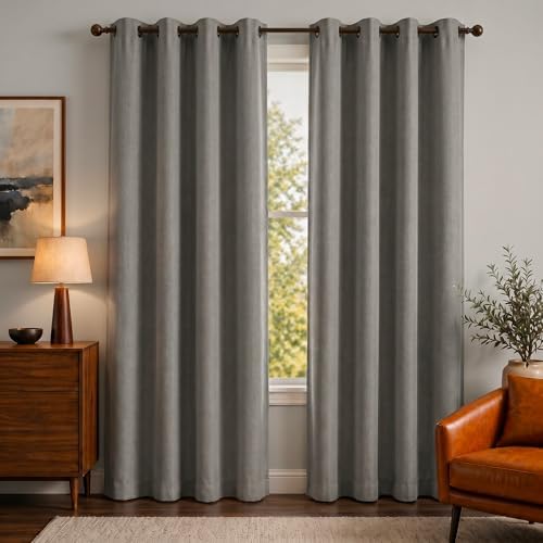 Linen Look 100% Blackout Bedroom Curtains, 63 Inch Long, Gray