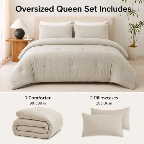 CozyLux Oversized Queen Comforter Set, 3 Pieces Beige Quilted Bedding