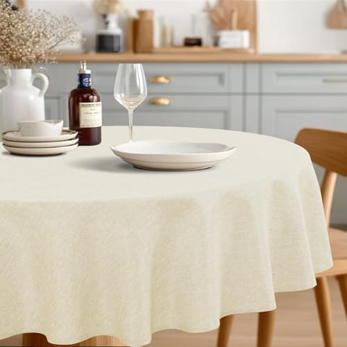 JIUZHEN Round Table Cloth Faux Linen Farmhouse Tablecloth Wrinkle and