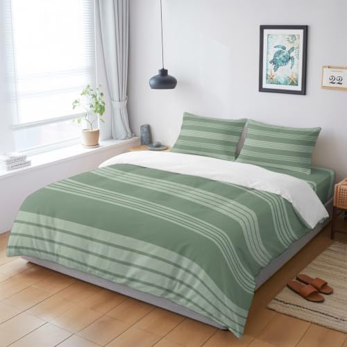 Sage Green Stripe Farmhouse Duvet Cover Set-4 Pieces Cal King Bedding