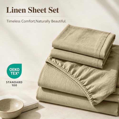 MEISHANG 100% French Linen Sheets Queen,4 Pcs,16" Deep Pocket