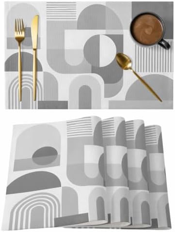 Gray Geometric Placemats Set of 8, Cotton Linen Fabric Place Mats
