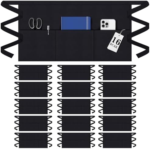 16 Pack Black Waist Aprons, Heavy Duty 3 Pockets Water Resistant