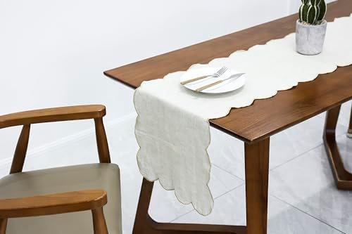 100% Natural Linen Rustic Scalloped Embroidery Table Runner 144 Inches