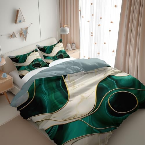 King Duvet Cover Set Abstract Marble Golden Lines, Gray Blue Quilt