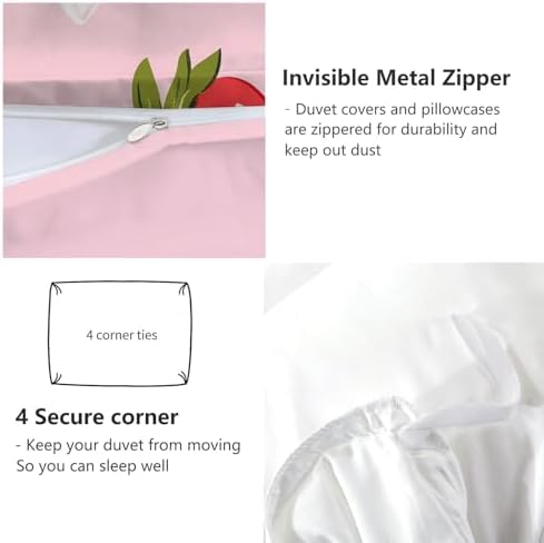 King Duvet Cover Set Fruit Strawberry Heart Pattern Bedding with