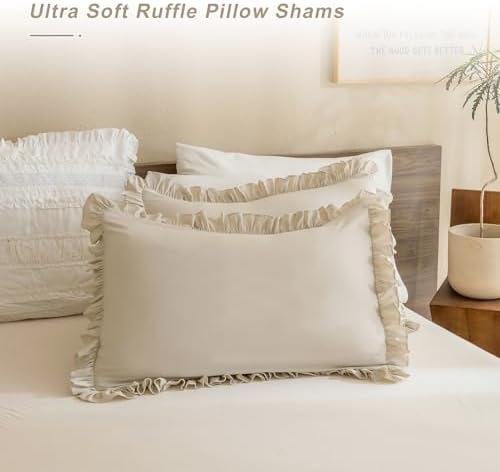 QSH Wheat Ruffled Pillow Shams Queen Size Set of 2, Shabby Farmhouse