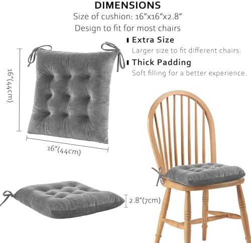 ELFJOY 4 Pack Chair Cushions for Dining Chairs with Ties Grey 16"x16"