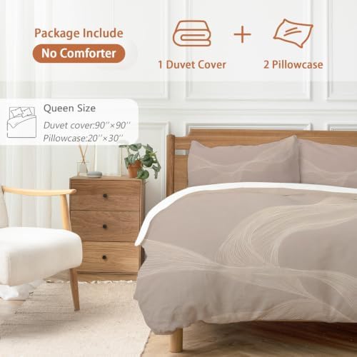 Warm Taupe Line Art Duvet Cover Queen Size, Modern Abstract Art Luxury
