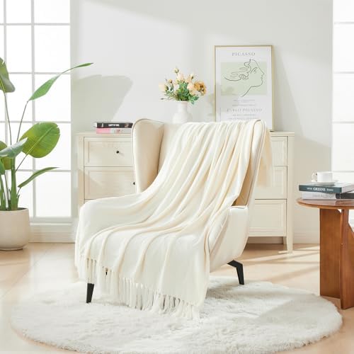 CozeCube Chenille Throw Blanket, Cream White Fringe Blanket, 50"X60"