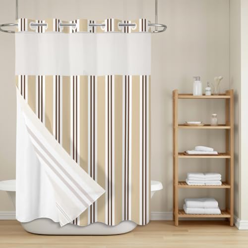 No Hook Beige Striped Shower Curtain with Snap in Liner Set, Modern