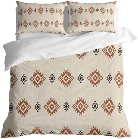 Beige Boho Duvet Cover Queen Size, Western Ethnic Tribe Linen Texture