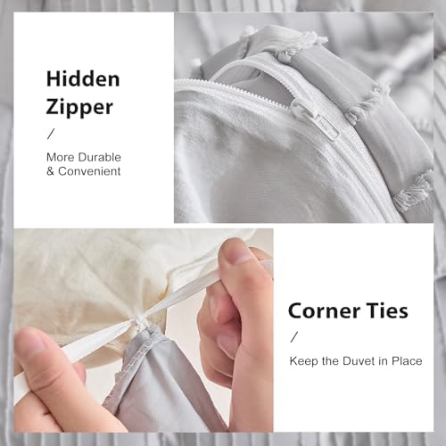 WARMDERN Lightgrey Boho Duvet Cover Full Size, Striped Tufted Bedding