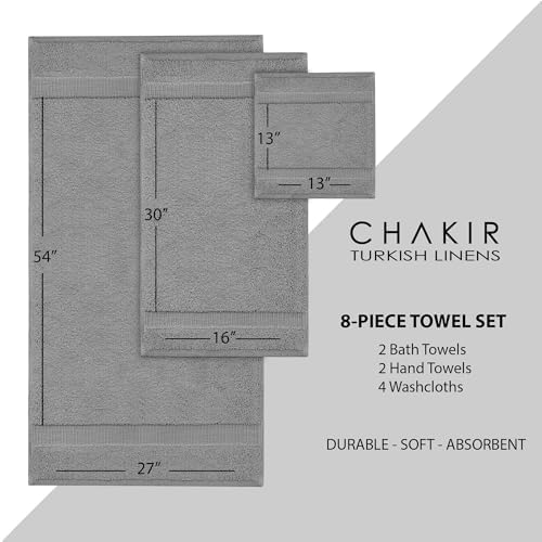 Chakir Turkish Linens 100% Cotton 8-Piece Towel Set, Gray